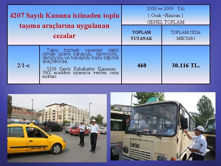 4207 Sayılı Kanuna istinaden toplu taşıma araçlarına uygulanan cezalar 2/1 -c Taksi hizmeti verenler
