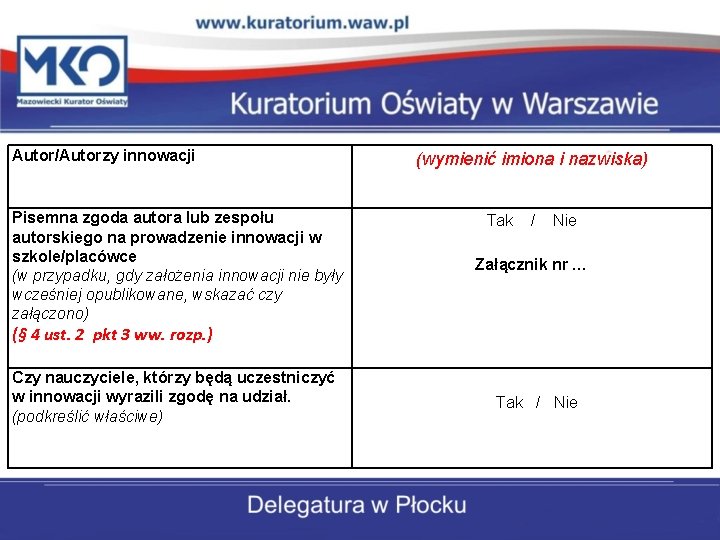 Autor/Autorzy innowacji Pisemna zgoda autora lub zespołu autorskiego na prowadzenie innowacji w szkole/placówce (w