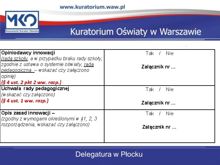 Opiniodawcy innowacji (rada szkoły, a w przypadku braku rady szkoły, zgodnie z ustawa o