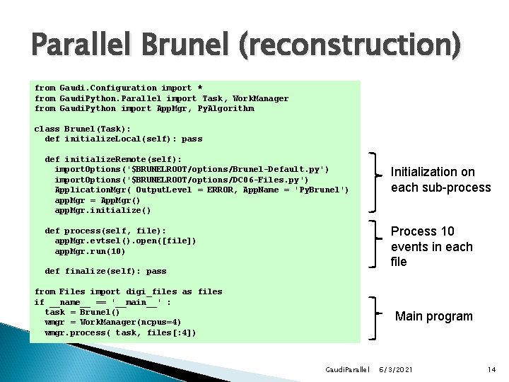 Parallel Brunel (reconstruction) from Gaudi. Configuration import * from Gaudi. Python. Parallel import Task, Parallel Brunel (reconstruction) from Gaudi. Configuration import * from Gaudi. Python. Parallel import Task,