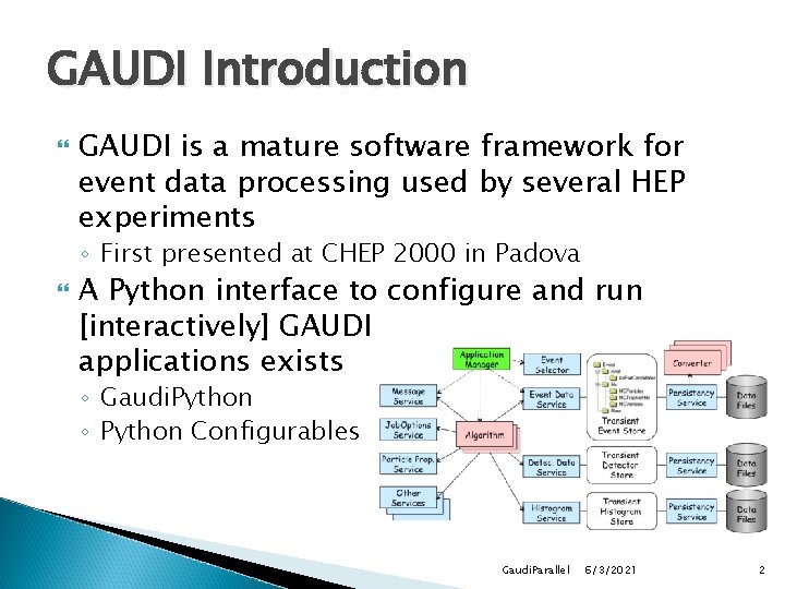 GAUDI Introduction GAUDI is a mature software framework for event data processing used by GAUDI Introduction GAUDI is a mature software framework for event data processing used by