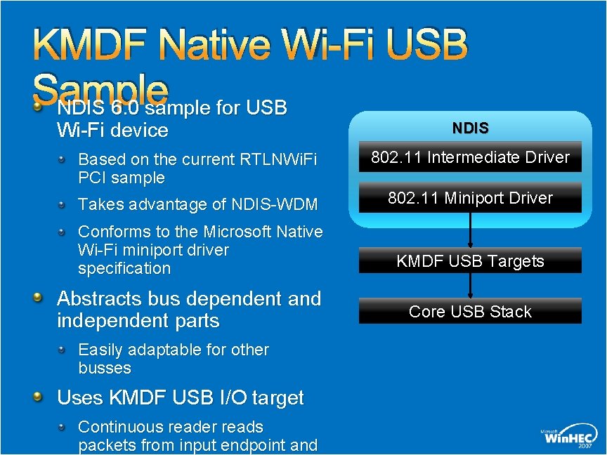 KMDF Native Wi-Fi USB Sample NDIS 6. 0 sample for USB Wi-Fi device NDIS