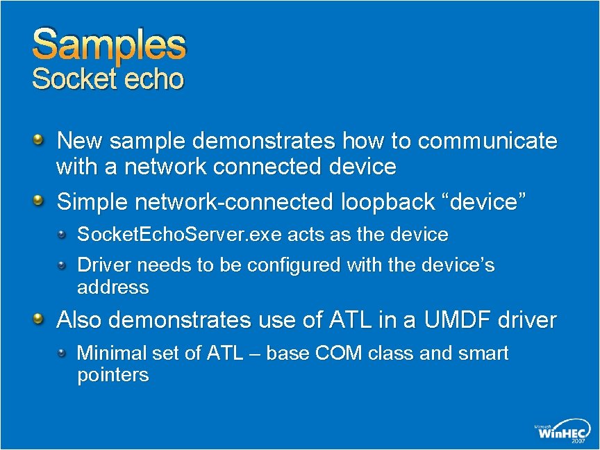 Samples Socket echo New sample demonstrates how to communicate with a network connected device