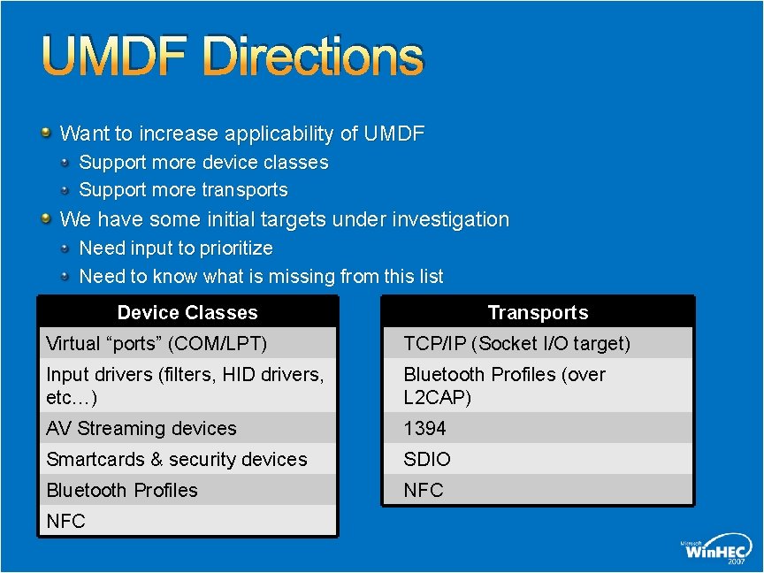UMDF Directions Want to increase applicability of UMDF Support more device classes Support more