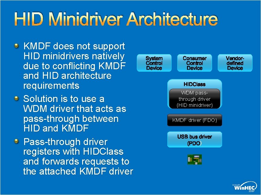 HID Minidriver Architecture KMDF does not support HID minidrivers natively due to conflicting KMDF