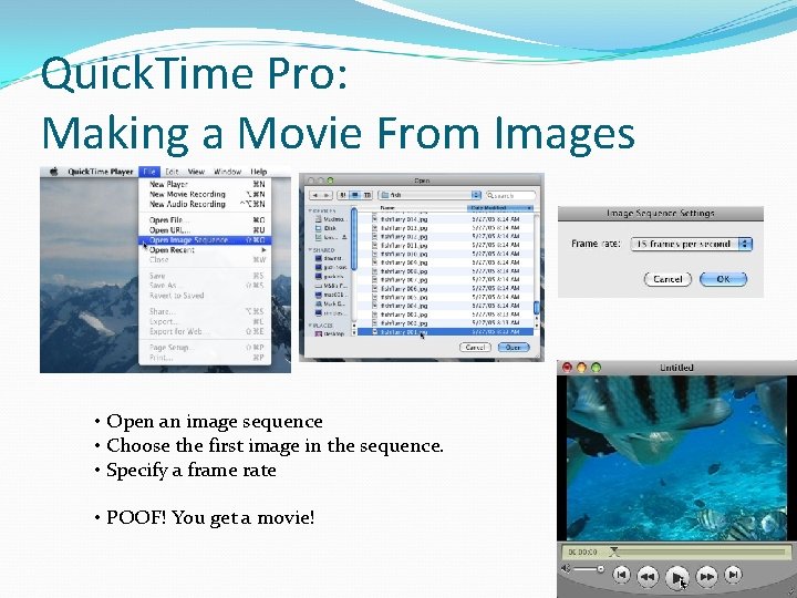 Quick. Time Pro: Making a Movie From Images • Open an image sequence •