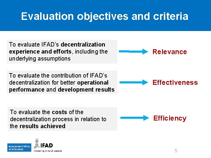 Evaluation objectives and criteria To evaluate IFAD’s decentralization experience and efforts, including the underlying