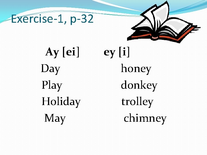 Exercise-1, p-32 Ay [ei] Day Play Holiday May ey [i] honey donkey trolley chimney