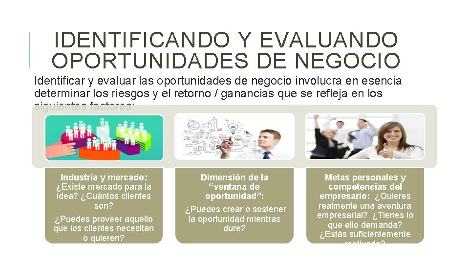 IDENTIFICANDO Y EVALUANDO OPORTUNIDADES DE NEGOCIO Identificar y evaluar las oportunidades de negocio involucra IDENTIFICANDO Y EVALUANDO OPORTUNIDADES DE NEGOCIO Identificar y evaluar las oportunidades de negocio involucra