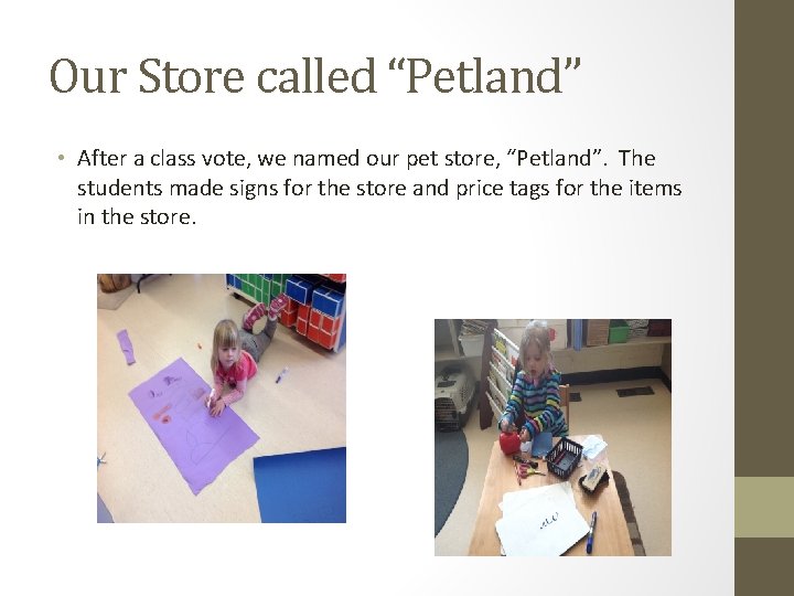 Our Store called “Petland” • After a class vote, we named our pet store,