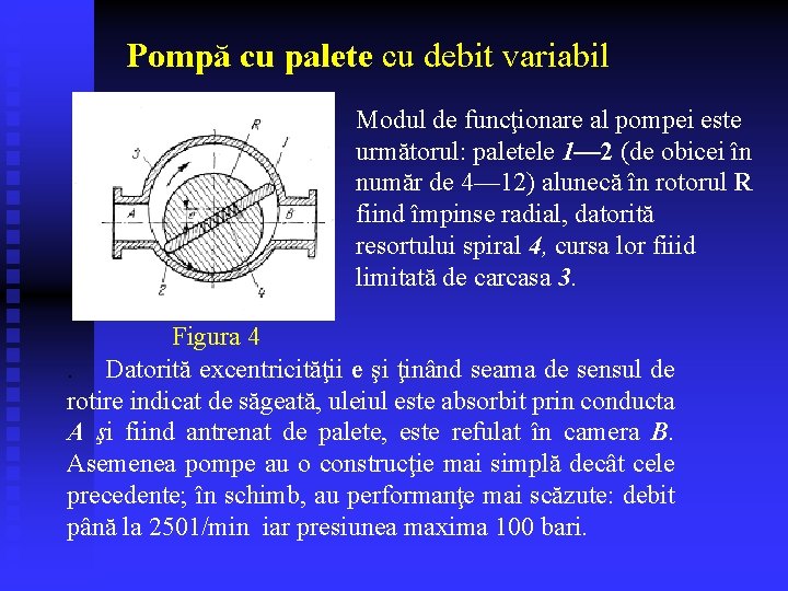 Pompă cu palete cu debit variabil Modul de funcţionare al pompei este următorul: paletele
