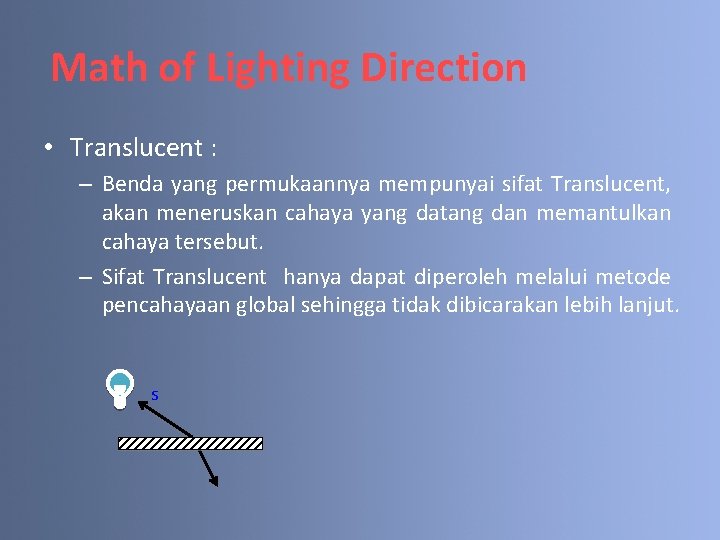 Math of Lighting Direction • Translucent : – Benda yang permukaannya mempunyai sifat Translucent,