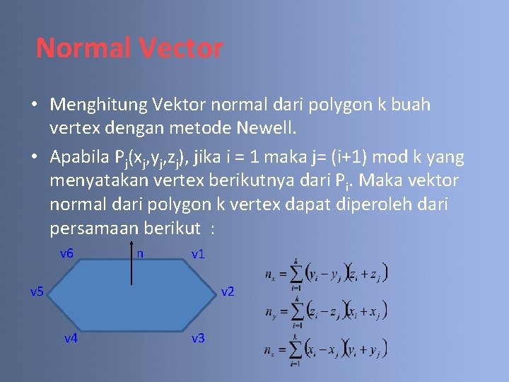 Normal Vector • Menghitung Vektor normal dari polygon k buah vertex dengan metode Newell.