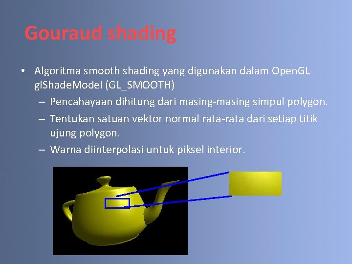 Gouraud shading • Algoritma smooth shading yang digunakan dalam Open. GL gl. Shade. Model