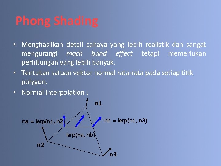 Phong Shading • Menghasilkan detail cahaya yang lebih realistik dan sangat mengurangi mach band