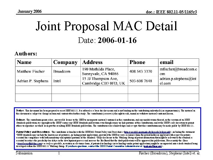 January 2006 doc. : IEEE 802. 11 -05/1165 r 3 Joint Proposal MAC Detail