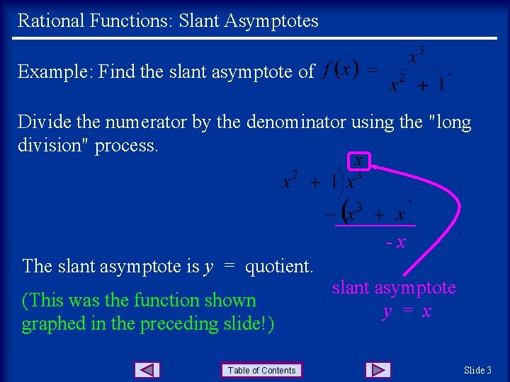 Rational Functions: Slant Asymptotes Example: Find the slant asymptote of Divide the numerator by
