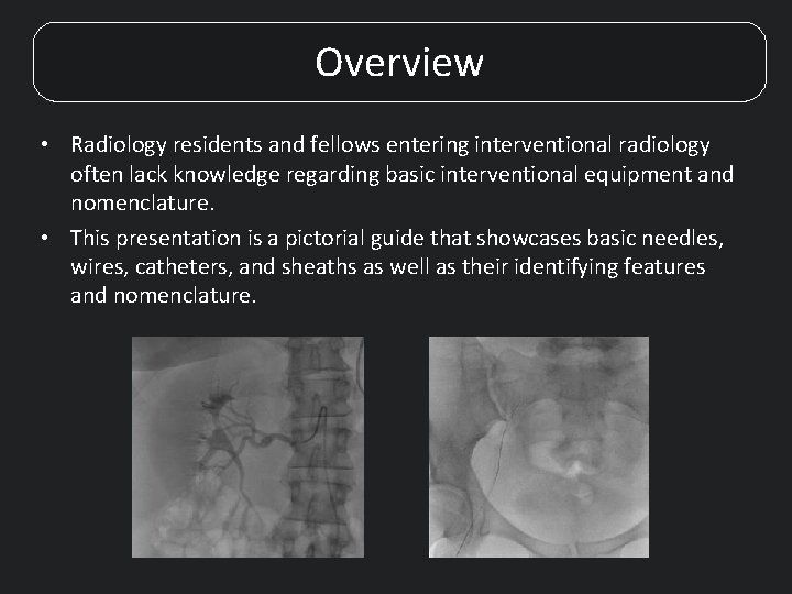 Overview • Radiology residents and fellows entering interventional radiology often lack knowledge regarding basic