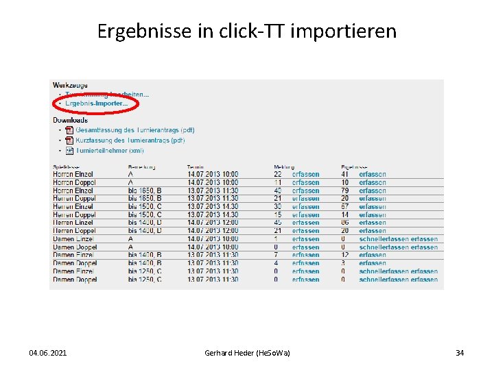 Ergebnisse in click-TT importieren 04. 06. 2021 Gerhard Heder (He. So. Wa) 34 