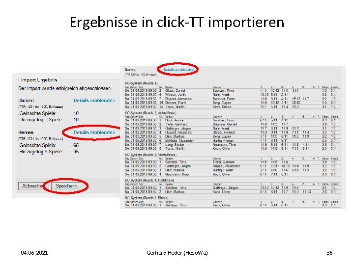 Ergebnisse in click-TT importieren 04. 06. 2021 Gerhard Heder (He. So. Wa) 36 