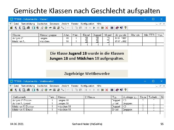 Gemischte Klassen nach Geschlecht aufspalten Die Klasse Jugend 18 wurde in die Klassen Jungen