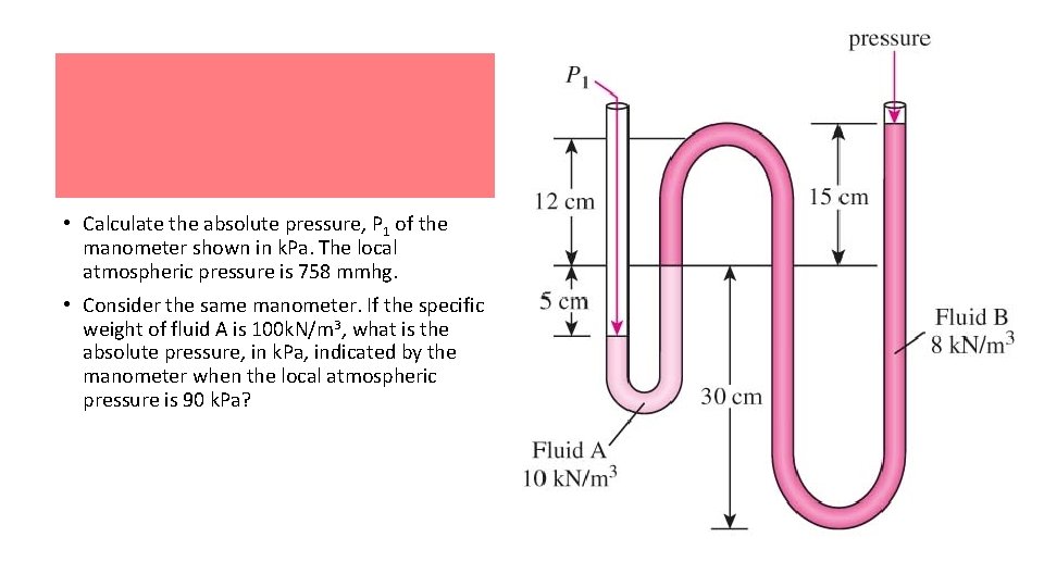  • Calculate the absolute pressure, P 1 of the manometer shown in k.