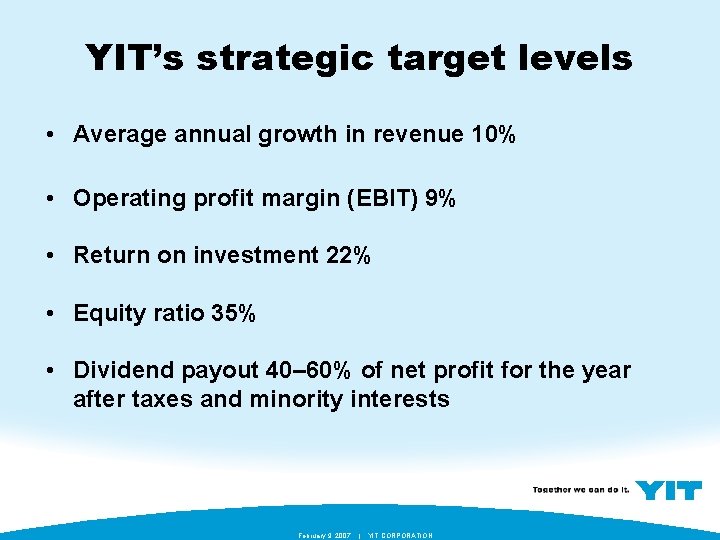 YIT’s strategic target levels • Average annual growth in revenue 10% • Operating profit