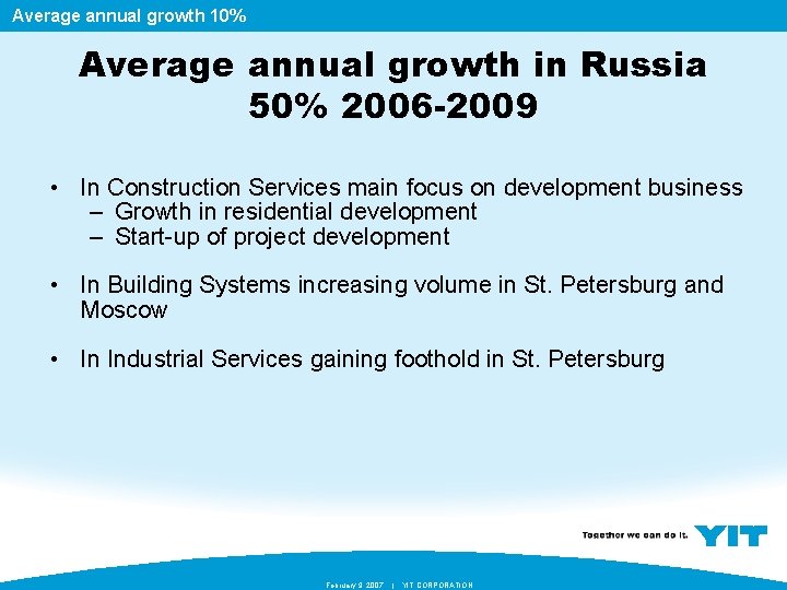 Average annual growth 10% Average annual growth in Russia 50% 2006 -2009 • In