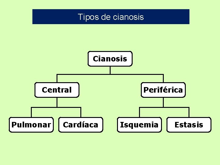 Tipos de cianosis Central Pulmonar Cardíaca Periférica Isquemia Estasis Tipos de cianosis Central Pulmonar Cardíaca Periférica Isquemia Estasis