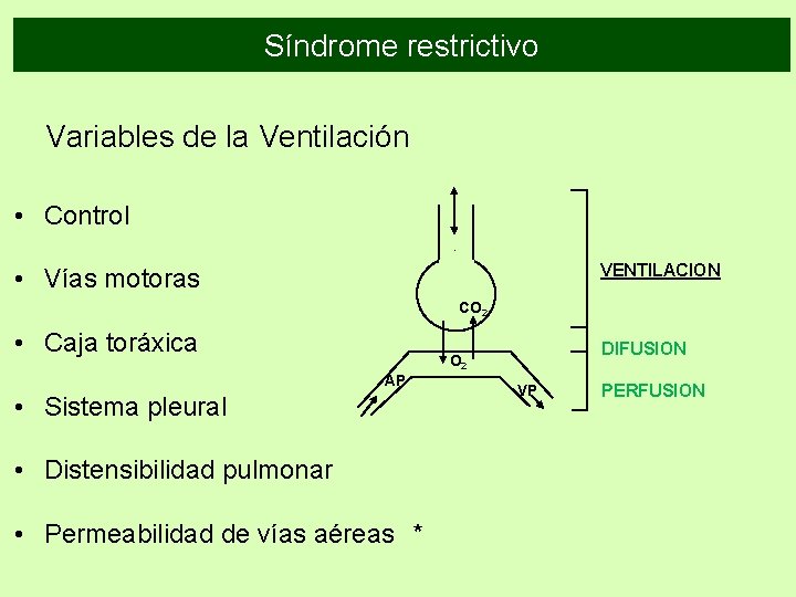 Síndrome restrictivo Variables de la Ventilación • Control VENTILACION • Vías motoras CO 2 Síndrome restrictivo Variables de la Ventilación • Control VENTILACION • Vías motoras CO 2