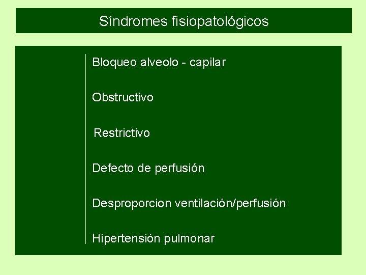 Síndromes fisiopatológicos Bloqueo alveolo - capilar Obstructivo Restrictivo Defecto de perfusión Desproporcion ventilación/perfusión Hipertensión Síndromes fisiopatológicos Bloqueo alveolo - capilar Obstructivo Restrictivo Defecto de perfusión Desproporcion ventilación/perfusión Hipertensión