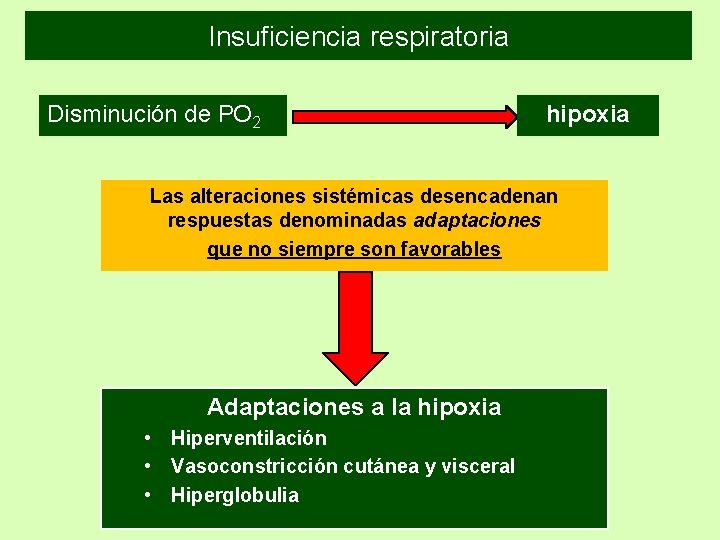 Insuficiencia respiratoria Disminución de PO 2 hipoxia Las alteraciones sistémicas desencadenan respuestas denominadas adaptaciones Insuficiencia respiratoria Disminución de PO 2 hipoxia Las alteraciones sistémicas desencadenan respuestas denominadas adaptaciones