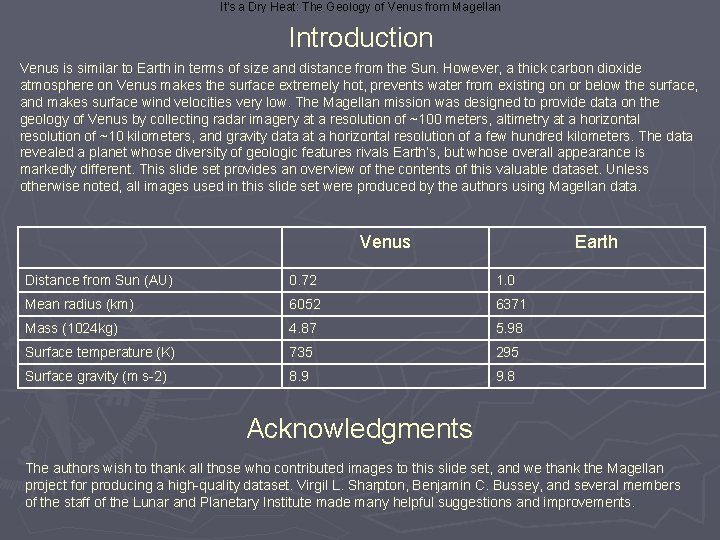 It's a Dry Heat: The Geology of Venus from Magellan Introduction Venus is similar