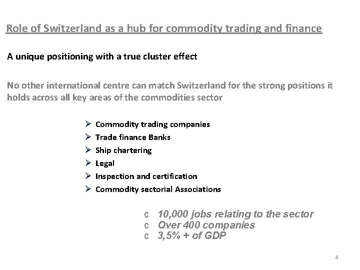 Role of Switzerland as a hub for commodity trading and finance A unique positioning Role of Switzerland as a hub for commodity trading and finance A unique positioning