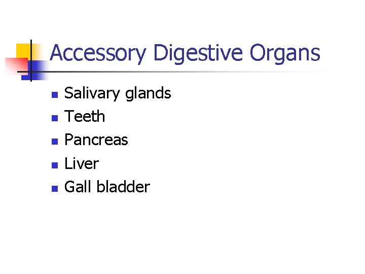 Accessory Digestive Organs n n n Salivary glands Teeth Pancreas Liver Gall bladder 