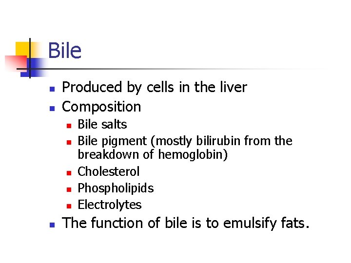 Bile n n Produced by cells in the liver Composition n n n Bile