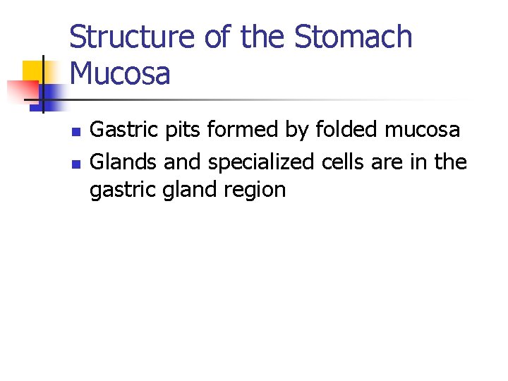 Structure of the Stomach Mucosa n n Gastric pits formed by folded mucosa Glands