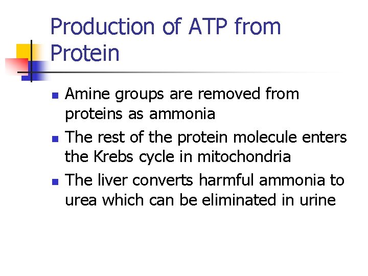 Production of ATP from Protein n Amine groups are removed from proteins as ammonia