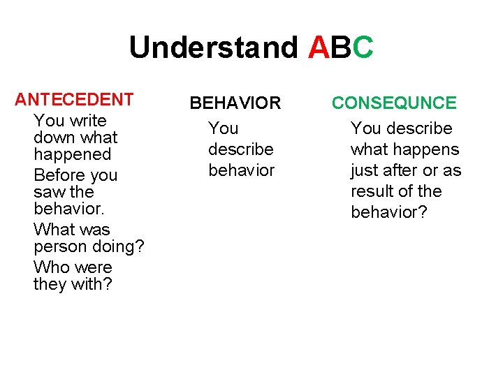 Understand ABC ANTECEDENT You write down what happened Before you saw the behavior. What