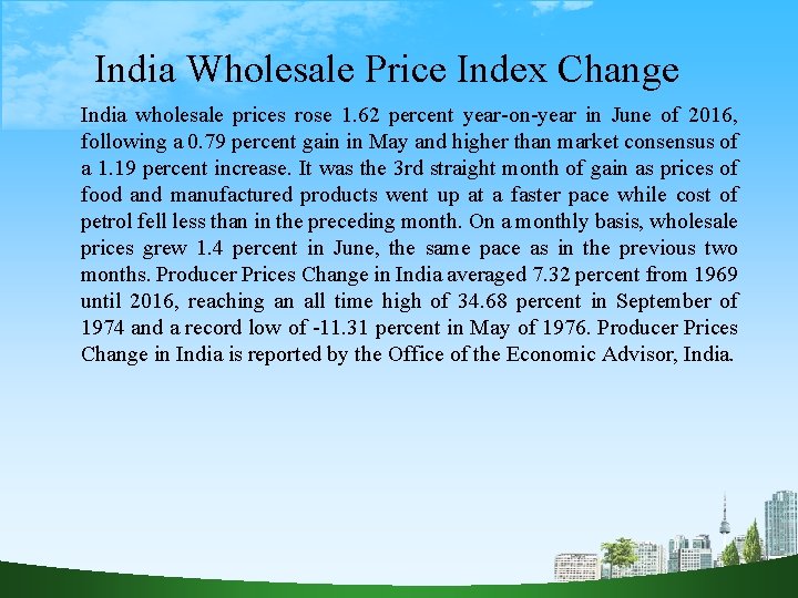 India Wholesale Price Index Change India wholesale prices rose 1. 62 percent year-on-year in