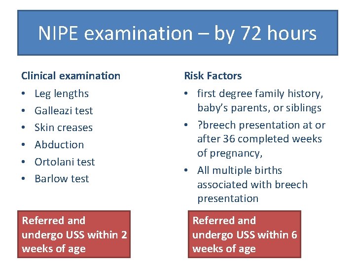 NIPE examination – by 72 hours Clinical examination • • • Leg lengths Galleazi