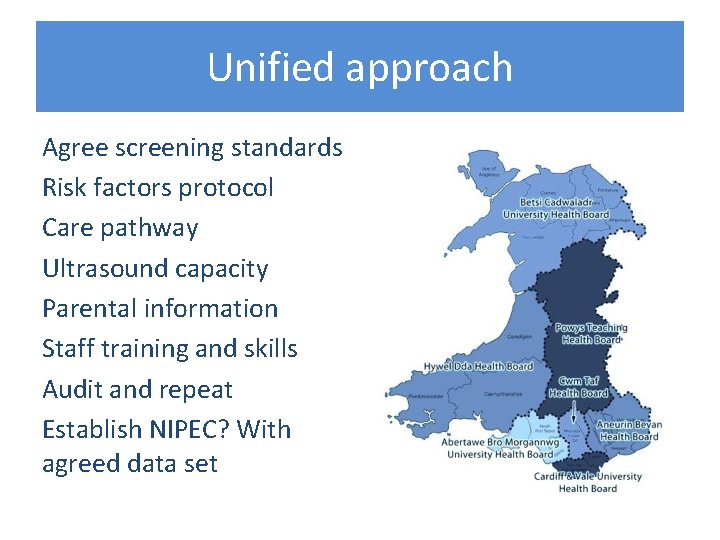 Unified approach Agree screening standards Risk factors protocol Care pathway Ultrasound capacity Parental information