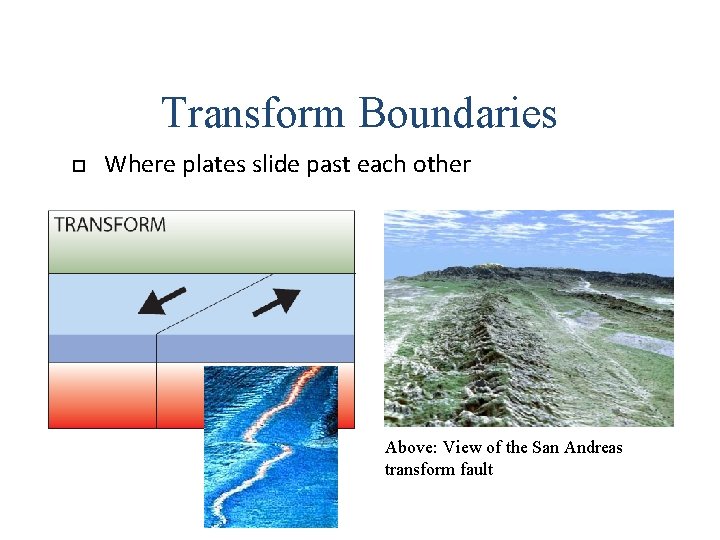 Transform Boundaries Where plates slide past each other Above: View of the San Andreas Transform Boundaries Where plates slide past each other Above: View of the San Andreas