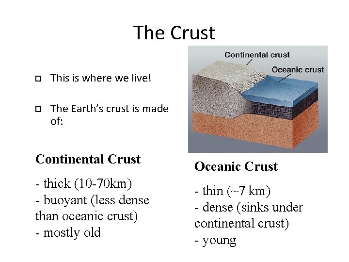 The Crust This is where we live! The Earth’s crust is made of: Continental The Crust This is where we live! The Earth’s crust is made of: Continental