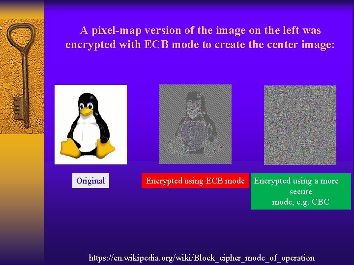 A pixel-map version of the image on the left was encrypted with ECB mode