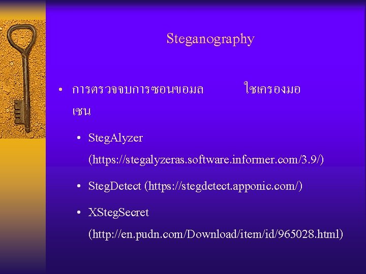 Steganography • การตรวจจบการซอนขอมล ใชเครองมอ เชน • Steg. Alyzer (https: //stegalyzeras. software. informer. com/3. 9/)