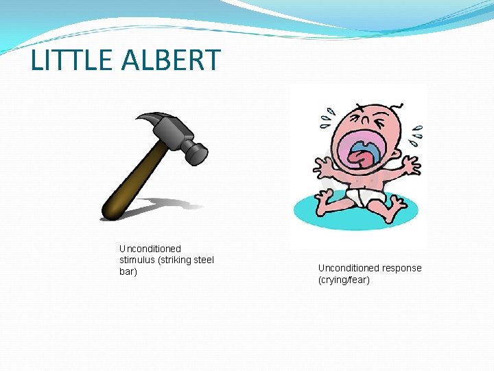 LITTLE ALBERT Unconditioned stimulus (striking steel bar) Unconditioned response (crying/fear) 