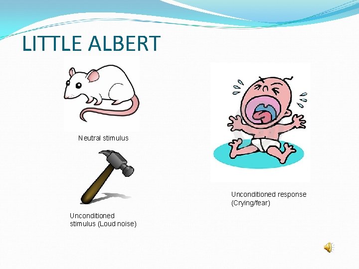 LITTLE ALBERT Neutral stimulus Unconditioned response (Crying/fear) Unconditioned stimulus (Loud noise) 