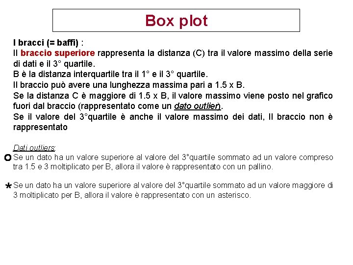 Box plot I bracci (= baffi) : Il braccio superiore rappresenta la distanza (C) Box plot I bracci (= baffi) : Il braccio superiore rappresenta la distanza (C)