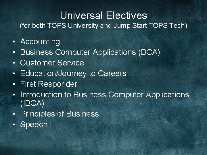 Universal Electives (for both TOPS University and Jump Start TOPS Tech) • • •